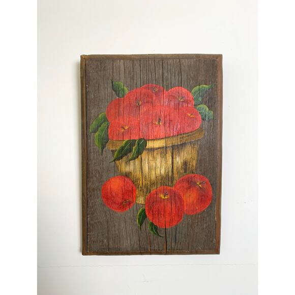 Vintage 1971 Hand-Painted Wooden Painting Apples in Basket Rustic Farmhouse Art - Picture 5 of 10